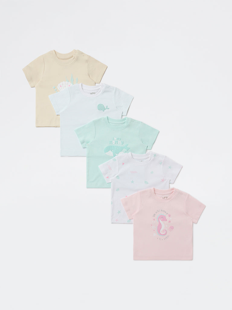 HOP Baby Girls Multicolour Printed Cotton T-Shirts - Pack of 5