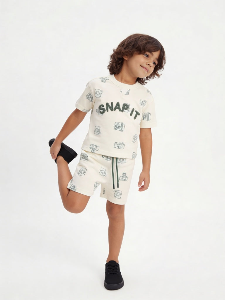 HOP Kids Boys Cream Printed Cotton Co-ord Set