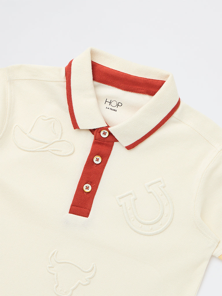 HOP Kids Boys Off-White Cotton Polo T-Shirt