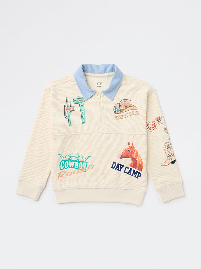 HOP Kids Boys Beige Cowboy Themed Cotton Sweatshirt