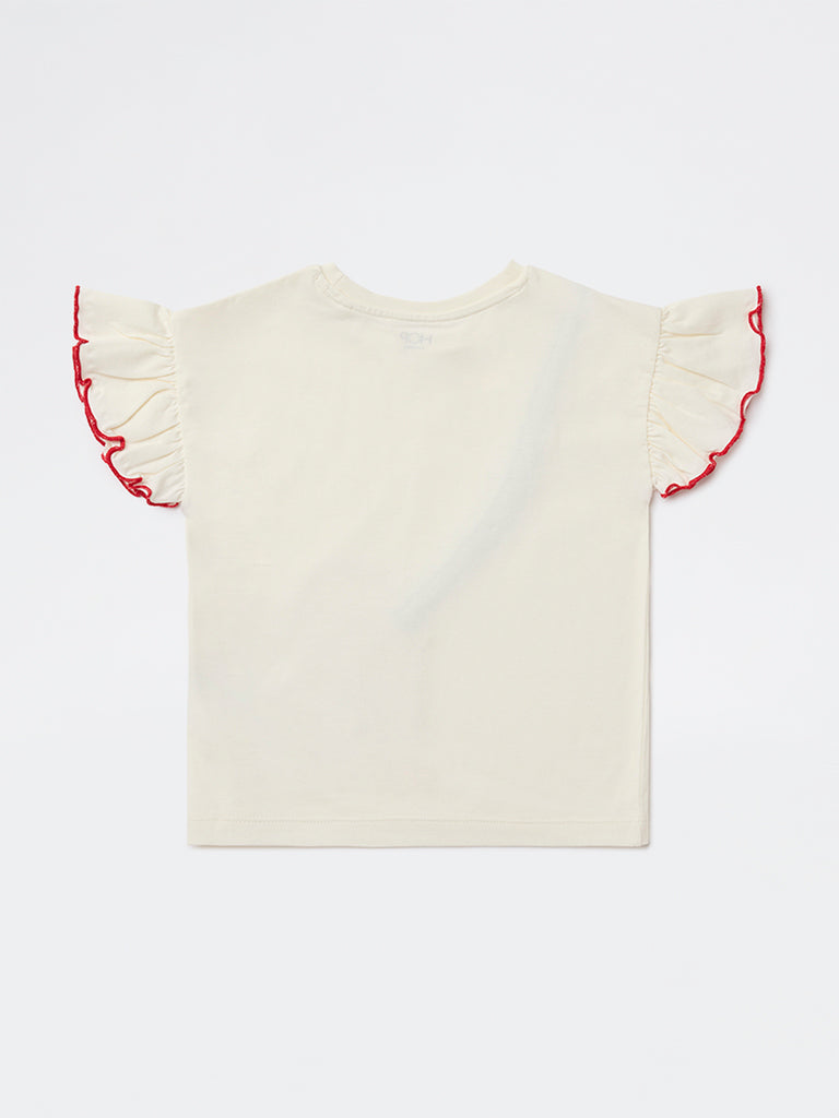 HOP Kids Girls Off-White Sea-Life Embroidered Cotton Top