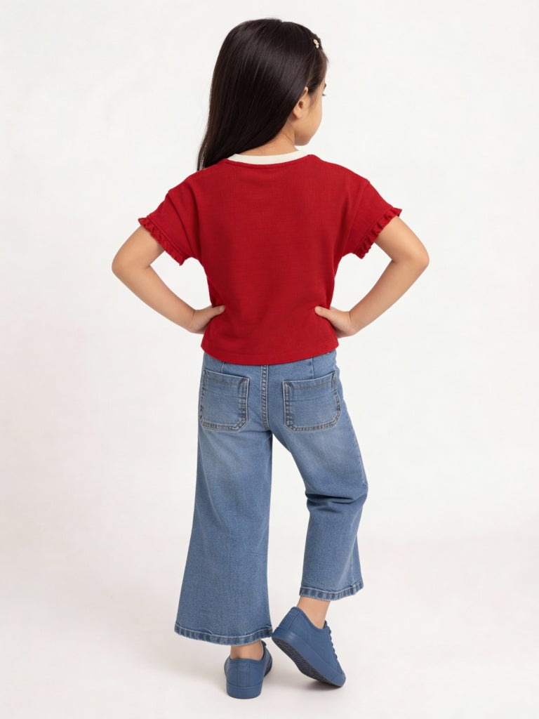 HOP Kids Girls Red Text Printed Cotton T-Shirt