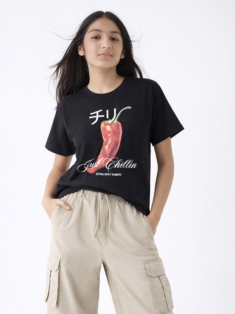 Girls Black Printed Cotton T-Shirt
