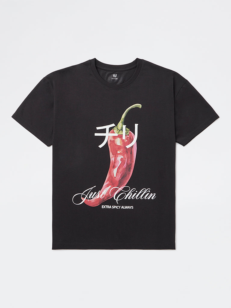 Girls Black Printed Cotton T-Shirt