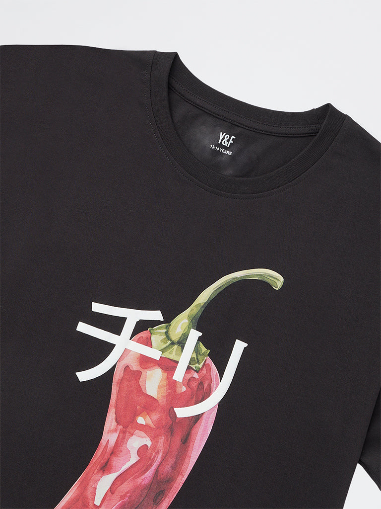 Girls Black Printed Cotton T-Shirt
