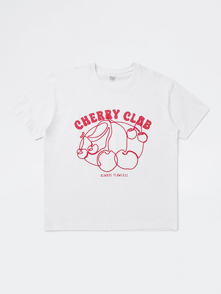 Girls White Text Design Cotton T-Shirt