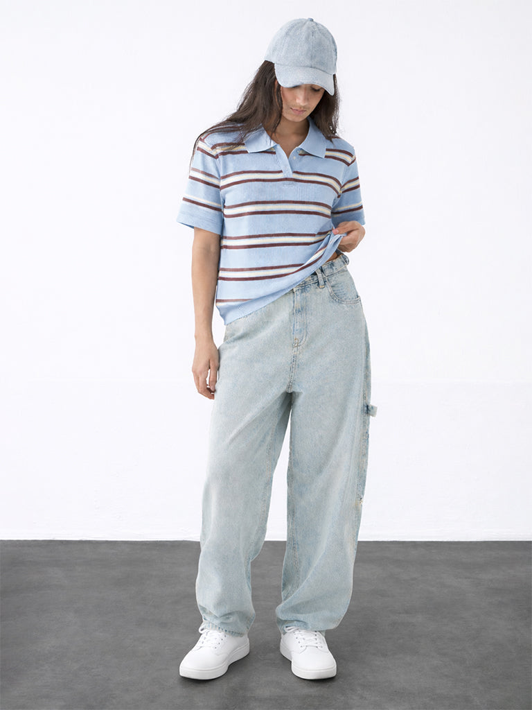 Girls Blue Striped Textured T-Shirt