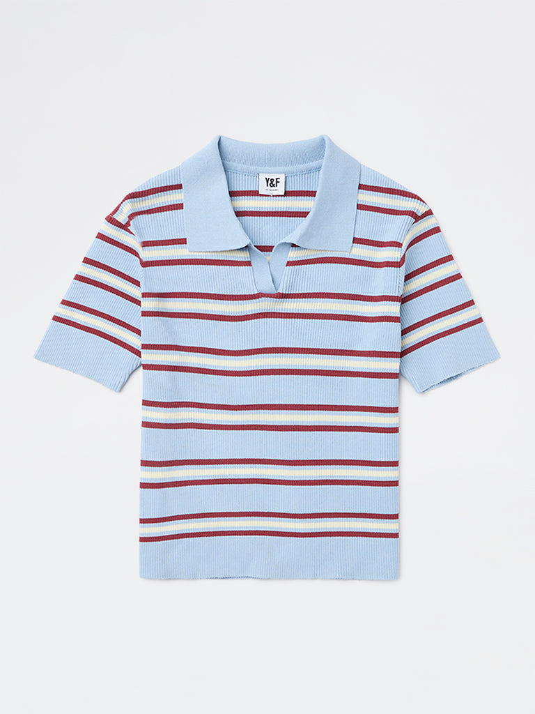Girls Blue Striped Textured T-Shirt
