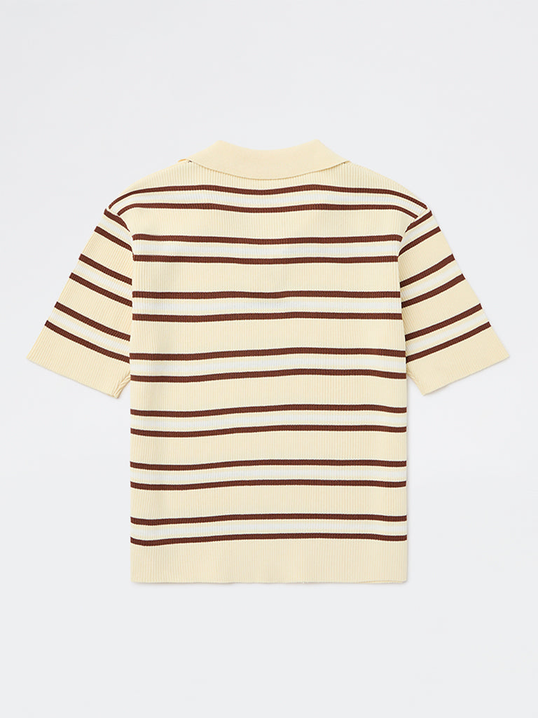 Girls Light Yellow Striped Textured T-Shirt