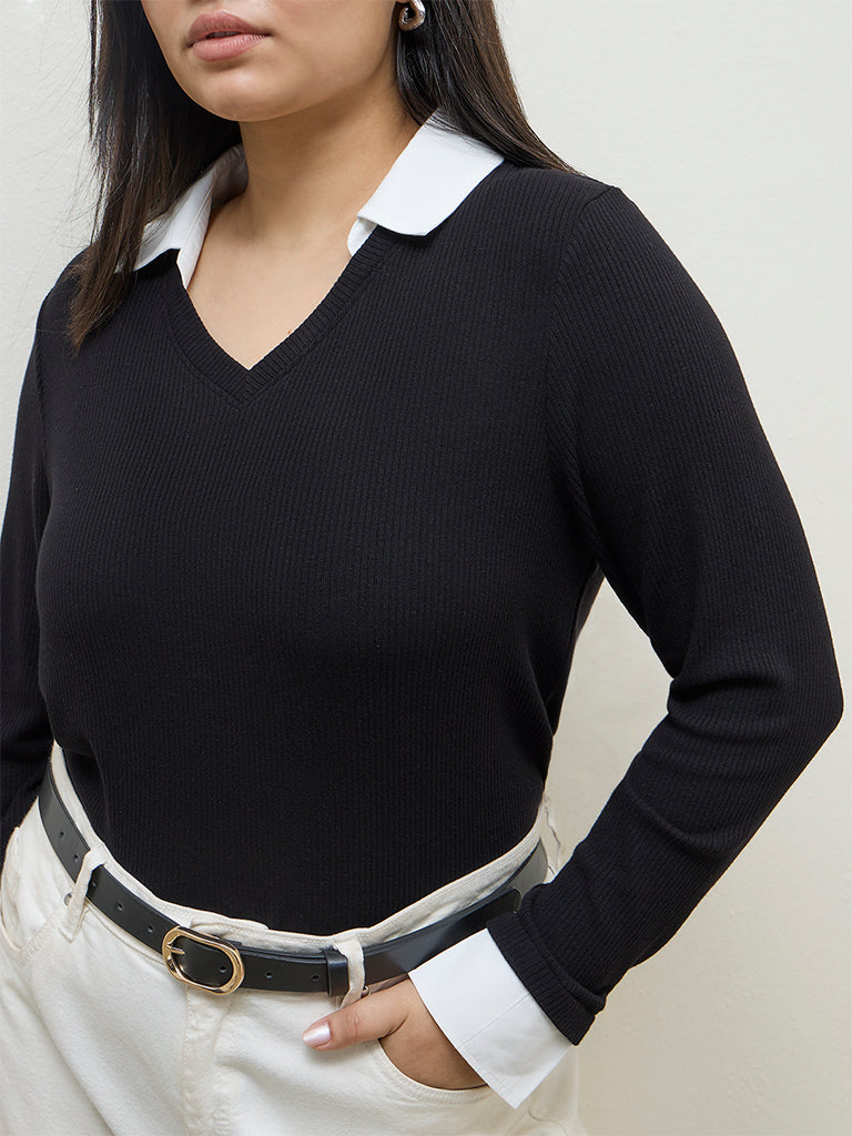 Gia Black Ribbed-Textured T-Shirt