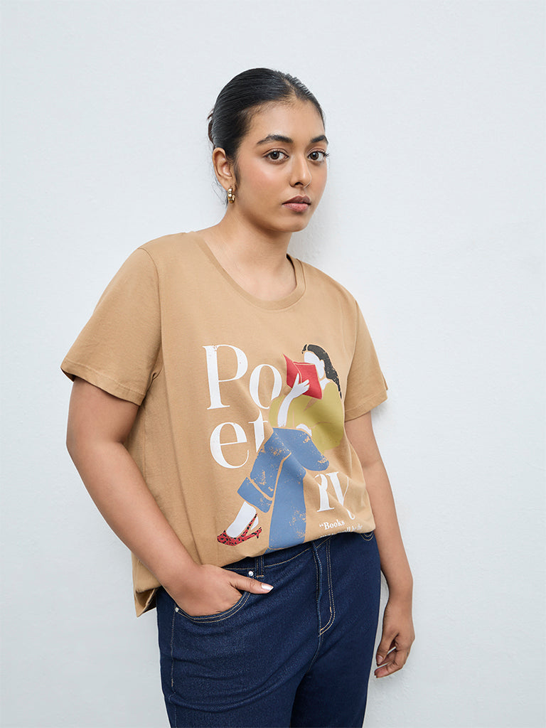 Gia Light Brown Graphic Printed Cotton T-Shirt