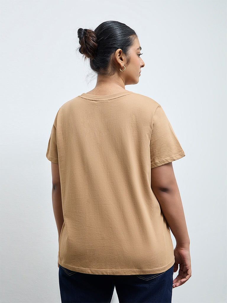 Gia Light Brown Graphic Printed Cotton T-Shirt