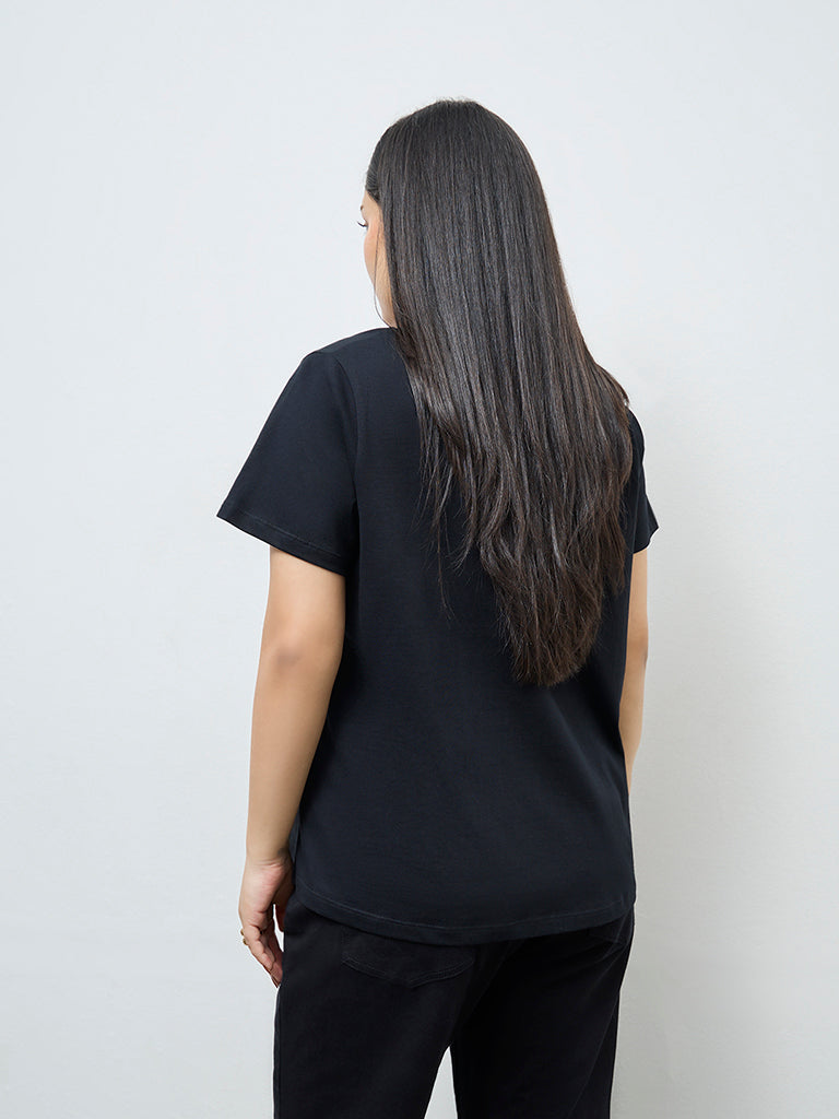 Gia Black Floral Embroidered Cotton T-Shirt
