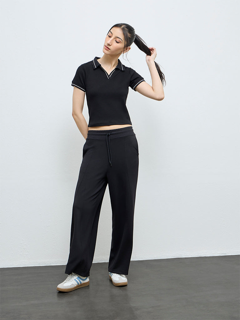 Nuoflexx Black Ribbed Textured Cotton-Blend T-Shirt