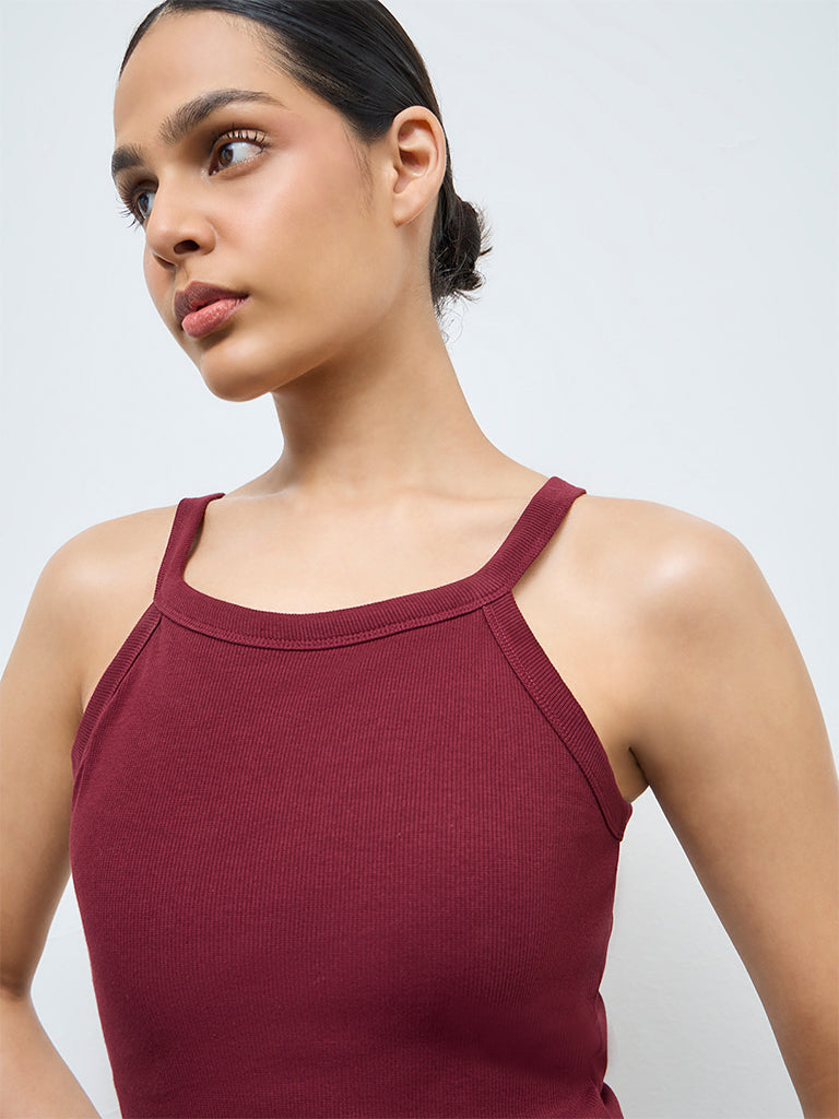Nuoflexx Burgundy Textured Cotton-Blend Tank Top