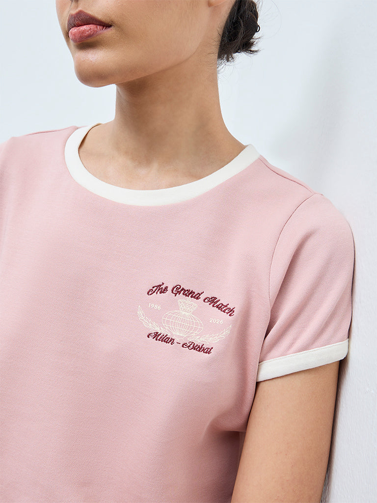Nuoflexx Dusty Pink Embroidered Cotton-Blend T-Shirt