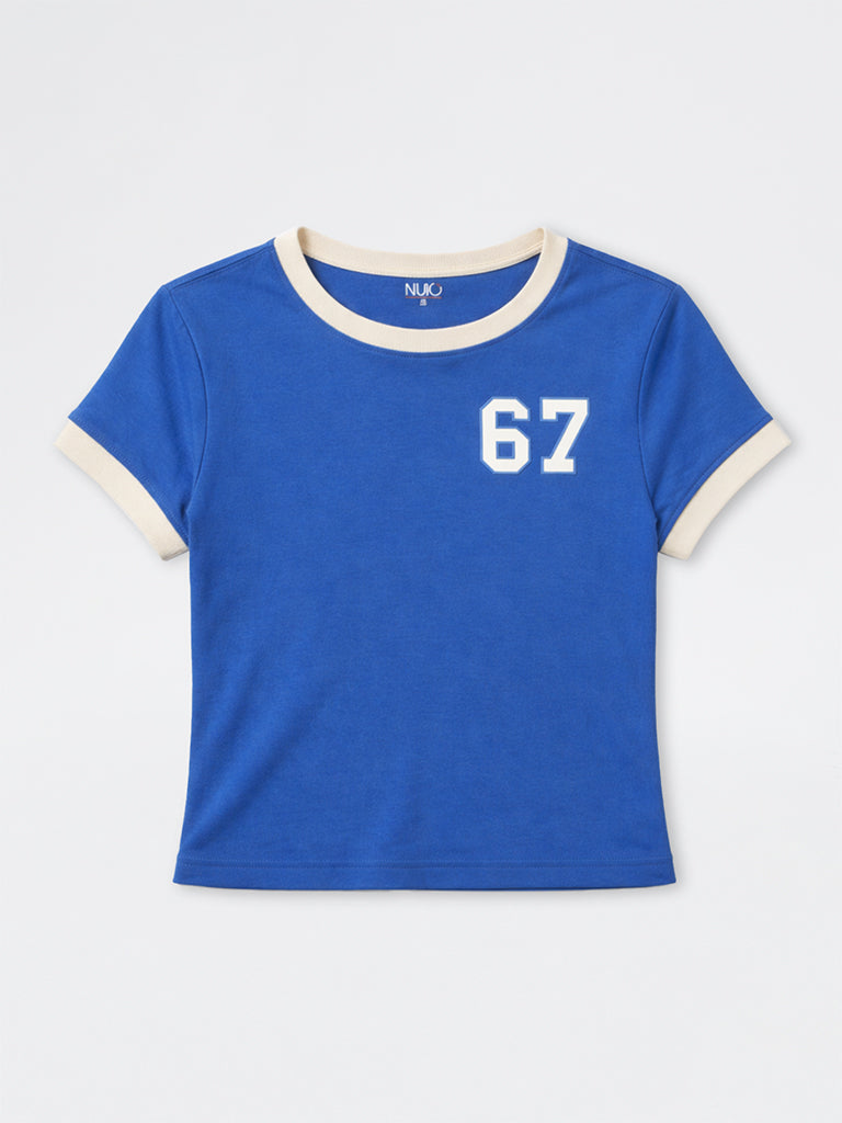 Nuoflexx Blue Text Embossed Cotton-Blend T-Shirt