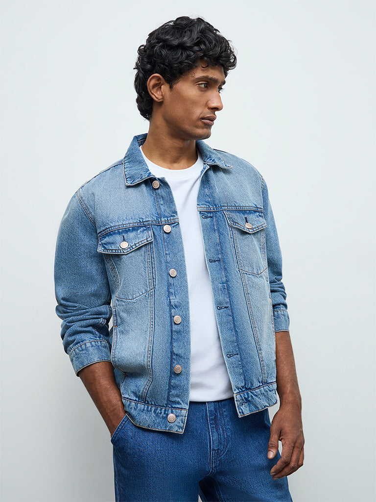 WES Casuals Blue Relaxed-Fit Denim Jacket