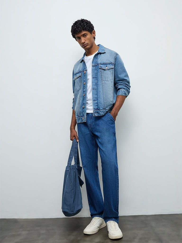 WES Casuals Blue Relaxed-Fit Denim Jacket