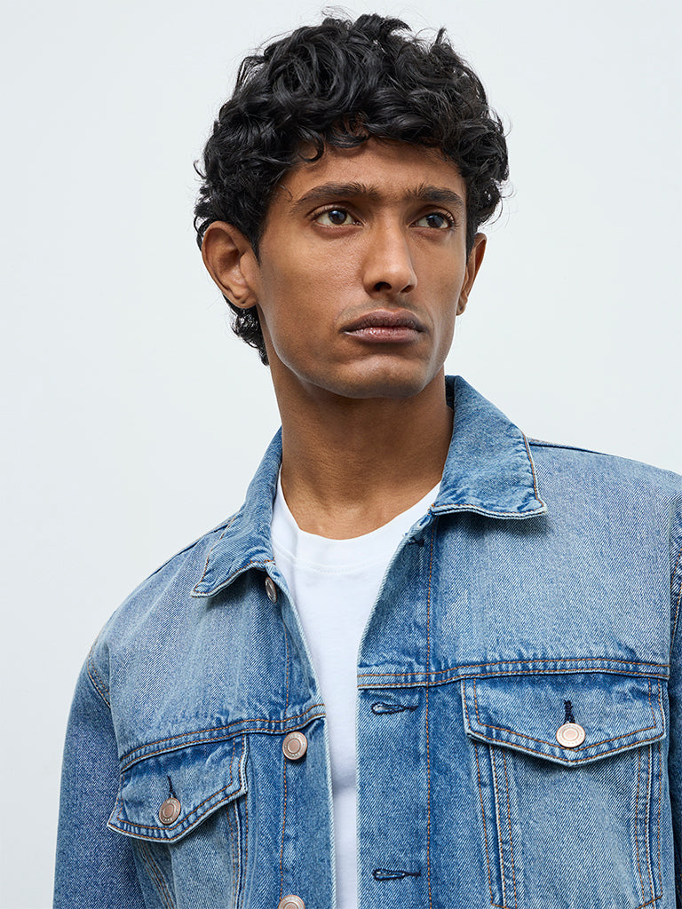 WES Casuals Blue Relaxed-Fit Denim Jacket