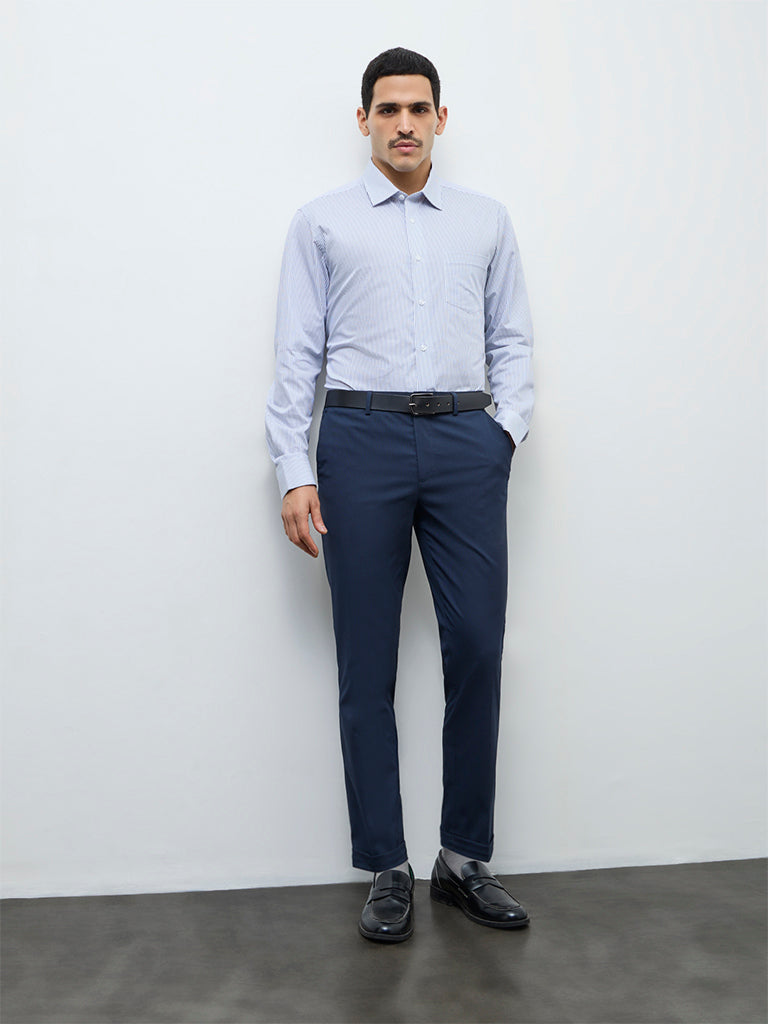 WES Formals Blue Striped Relaxed-Fit Cotton Shirt