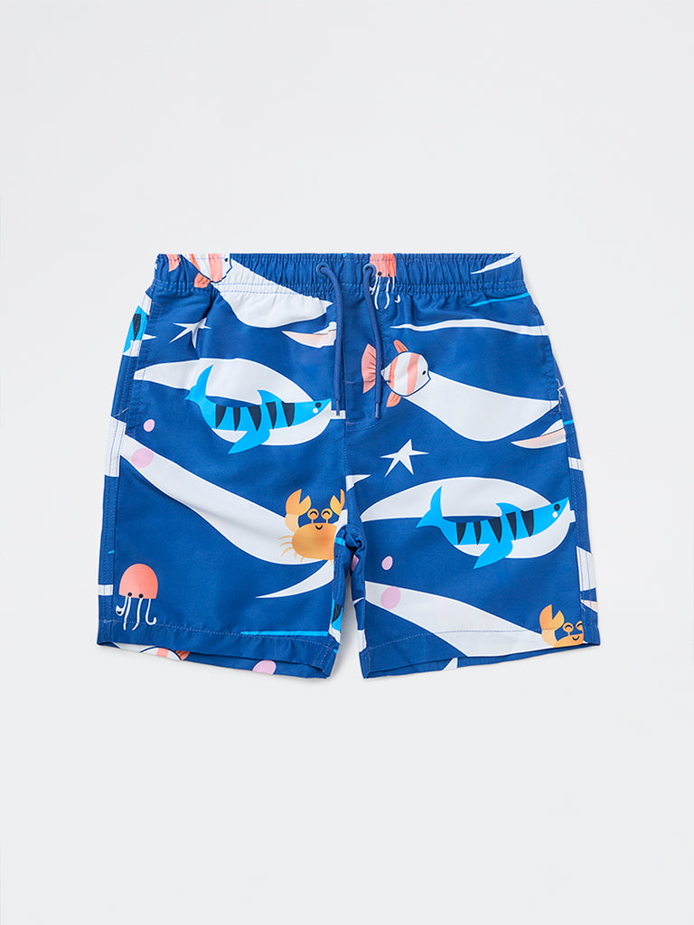 HOP Kids Boys Blue Printed Mid-Rise Swim Shorts