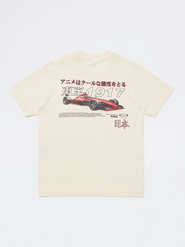 Boys Cream Racer-Inspired Cotton T-Shirt
