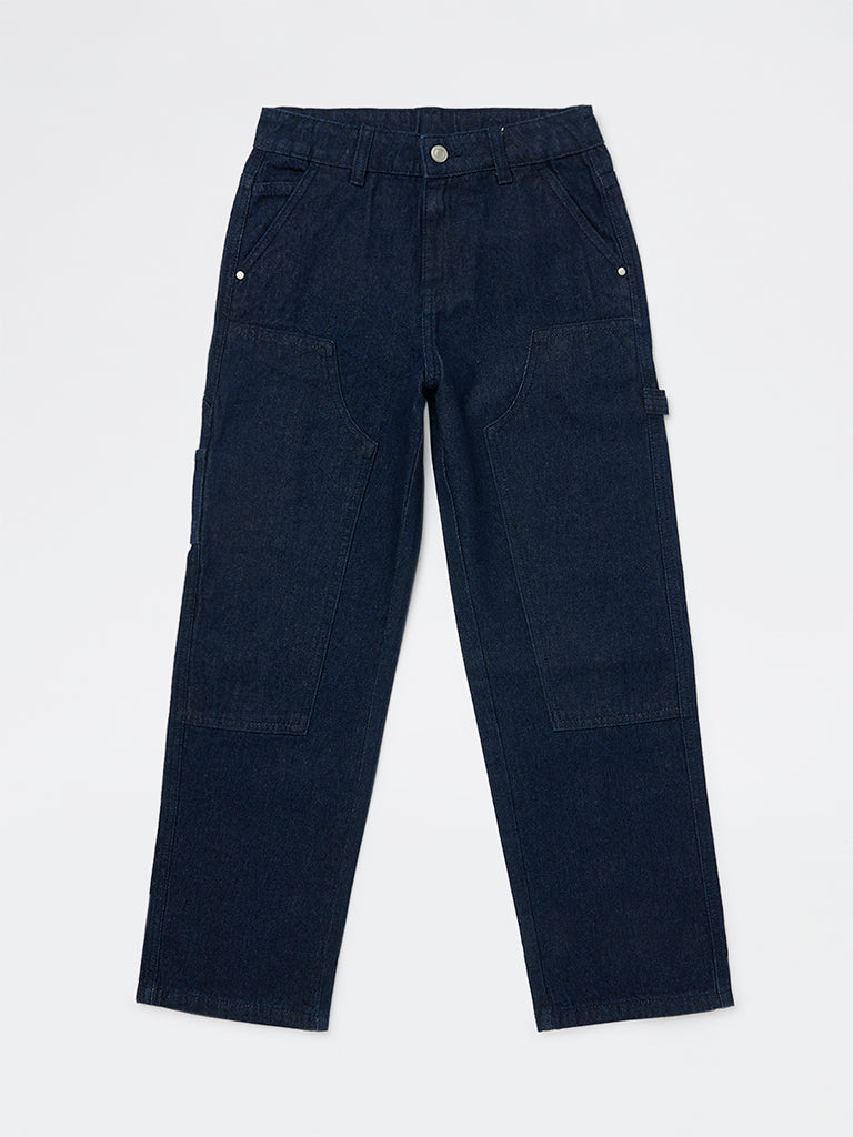 Boys Dark Blue Straight-Fit Mid-Rise Jeans