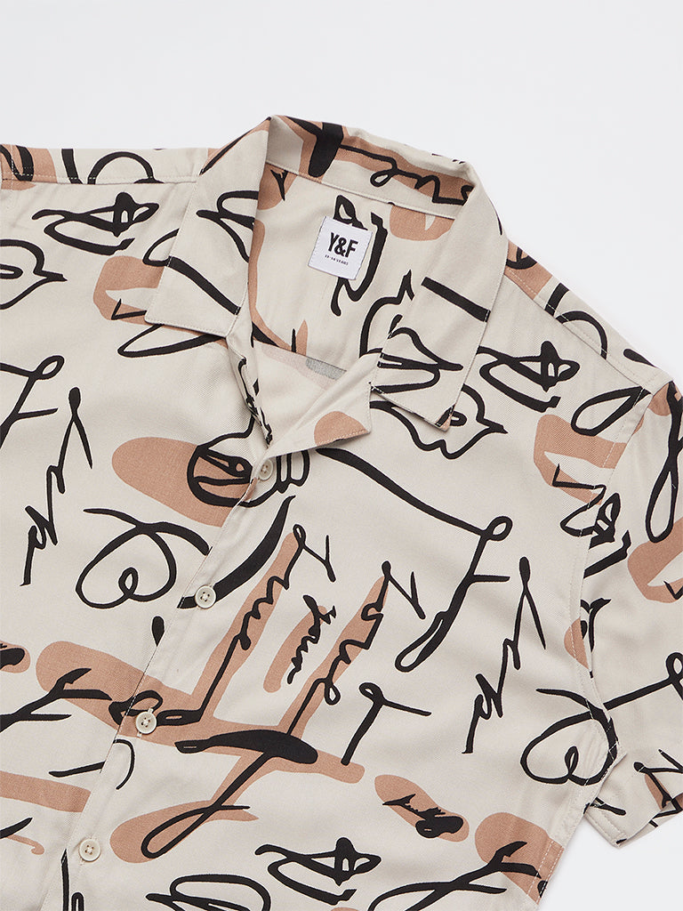 Boys  Taupe Printed Shirt