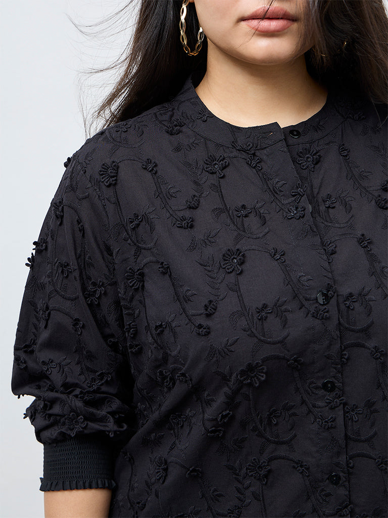Diza Black Floral Embroidered Cotton Tunic
