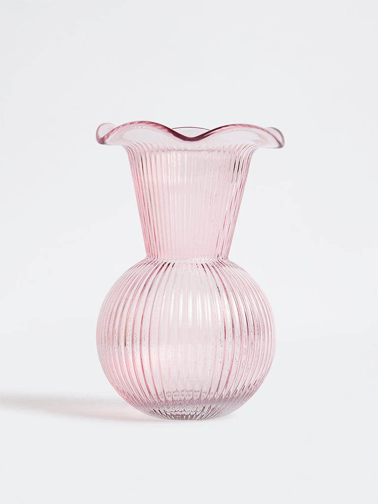 Westside Home Pink Frilled Ribbed-Textured Glass Vase
