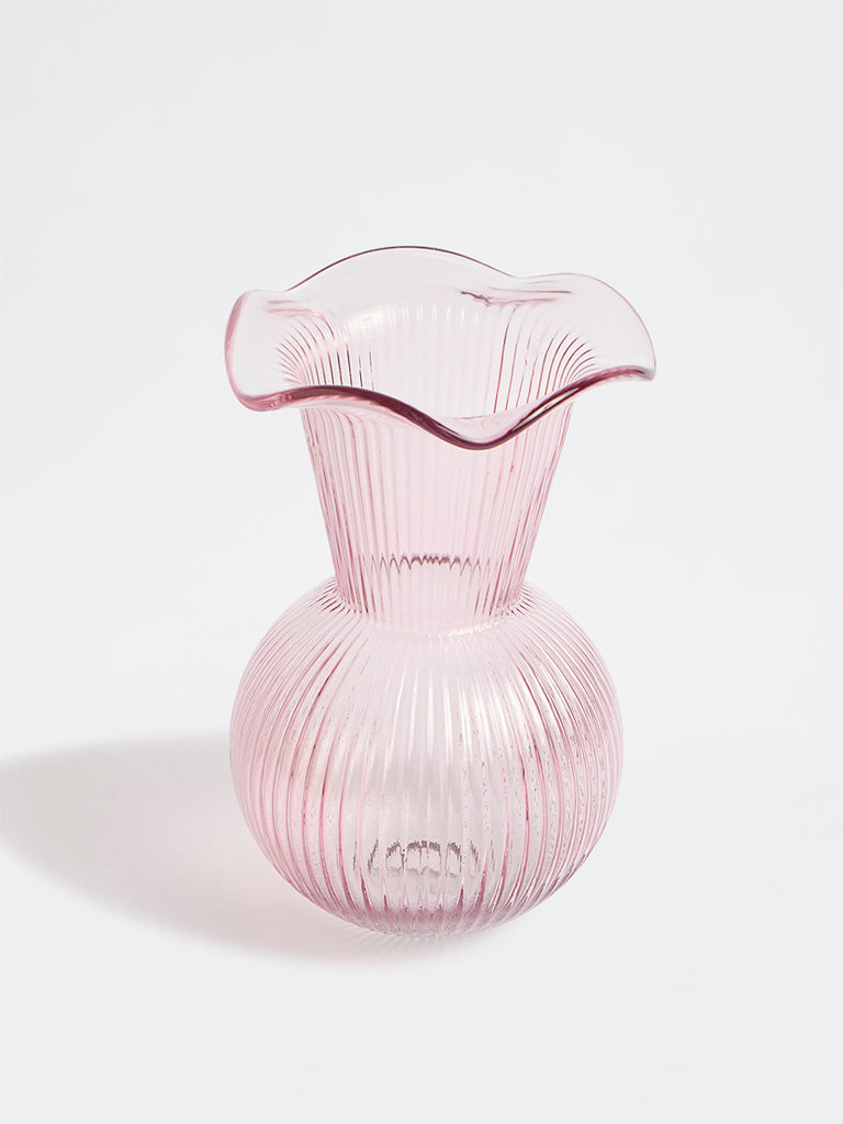 Westside Home Pink Frilled Ribbed-Textured Glass Vase