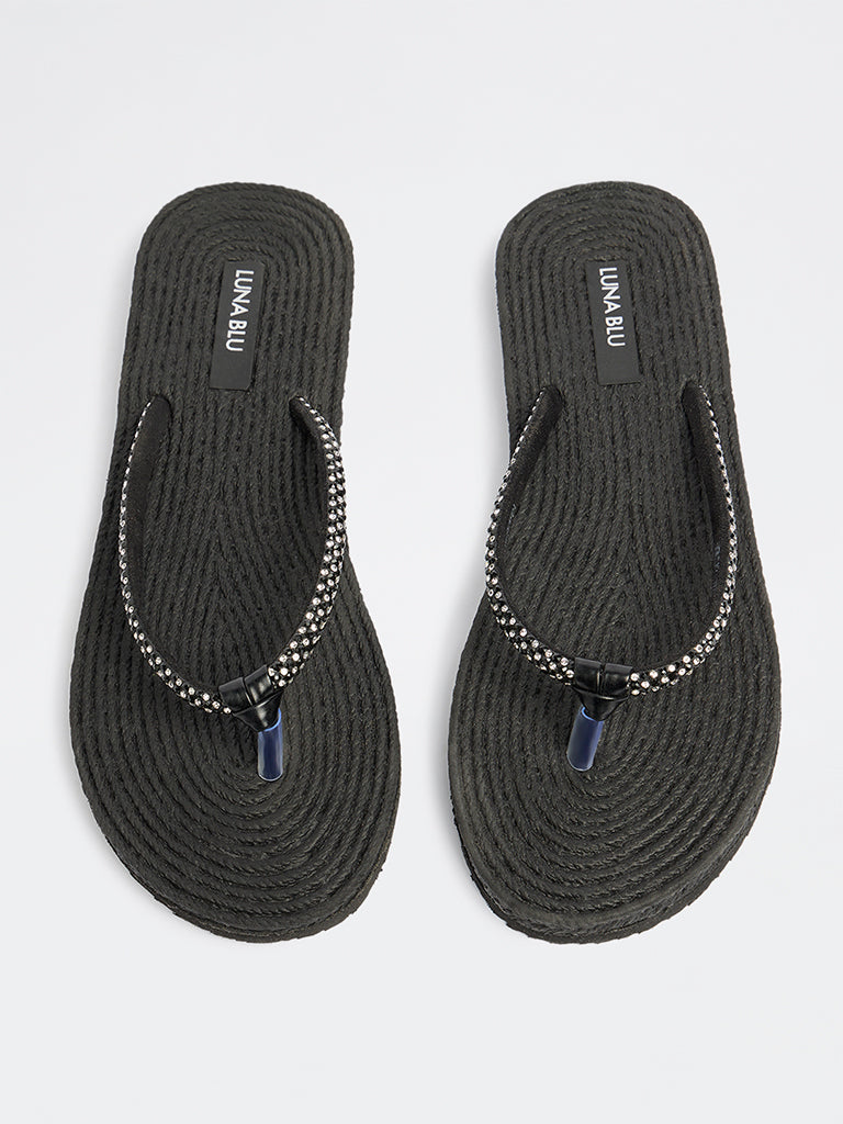 LUNA BLU Black Textured Embellished Slides