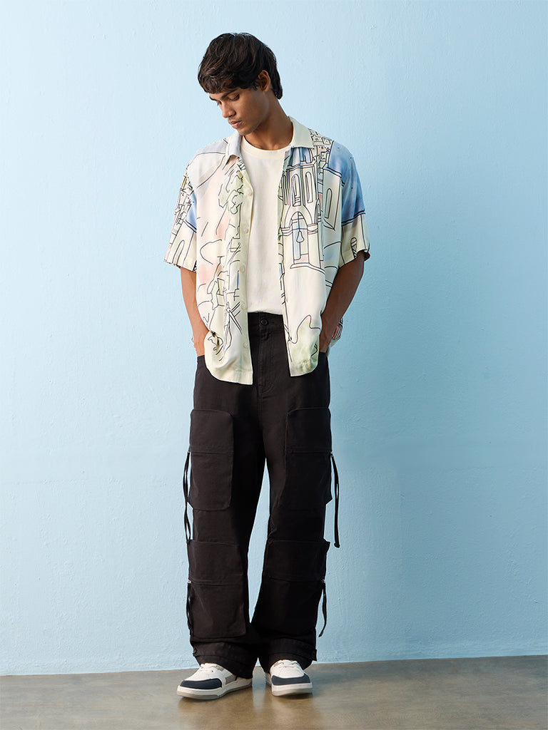Nuon Black Solid Loose-Fit Mid-Rise Cotton Cargo Pants