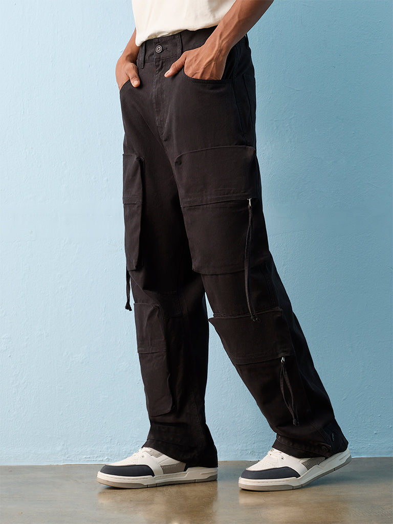 Nuon Black Solid Loose-Fit Mid-Rise Cotton Cargo Pants