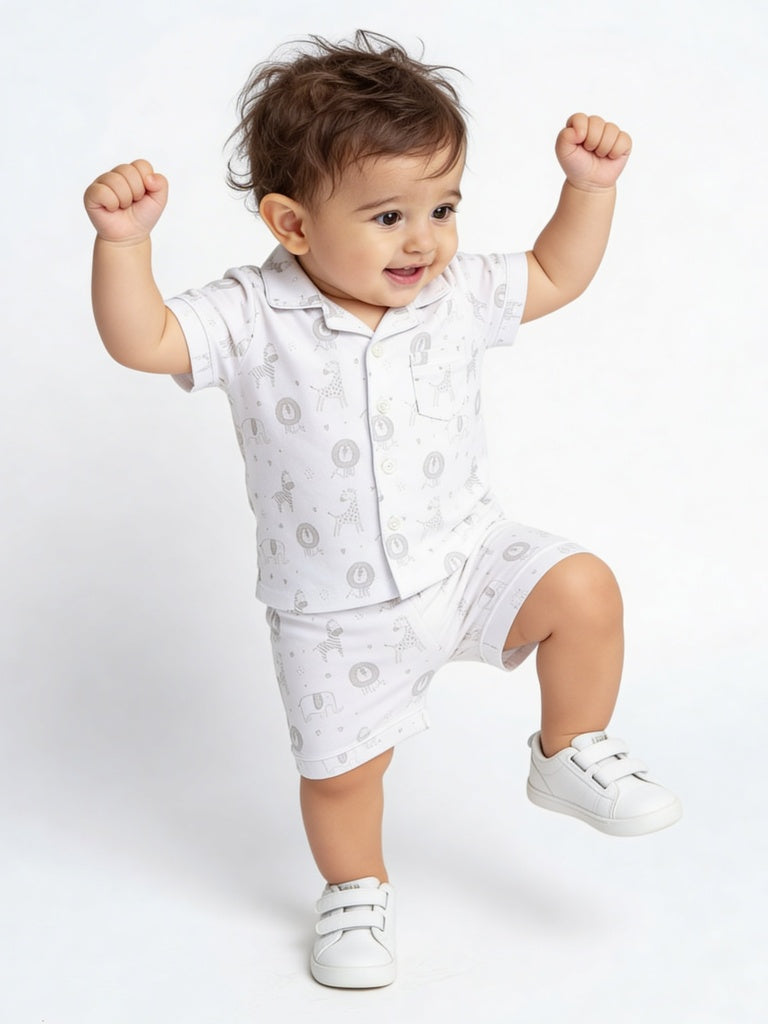 HOP Baby Boys White Animal Design SUPIMA Cotton Shirt and Shorts Set