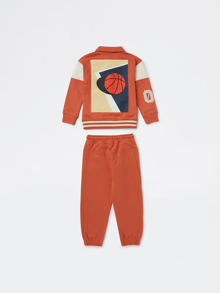 HOP Kids Boys Dusty Orange Printed Cotton T-Shirt and Joggers Set