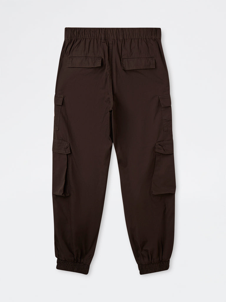 Boys Brown Mid-Rise Cotton Cargo Pants