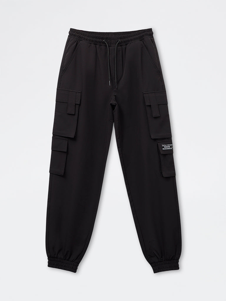 Boys Black Cargo Style Mid-Rise Joggers