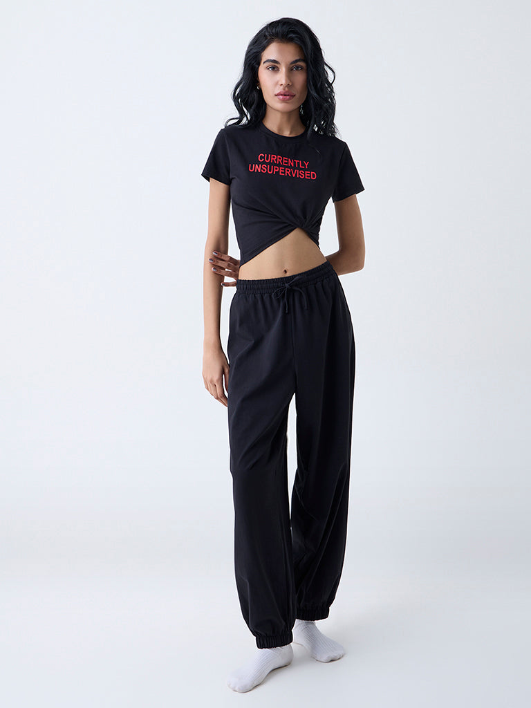 Superstar Black Solid High-Rise Cotton-Blend Joggers