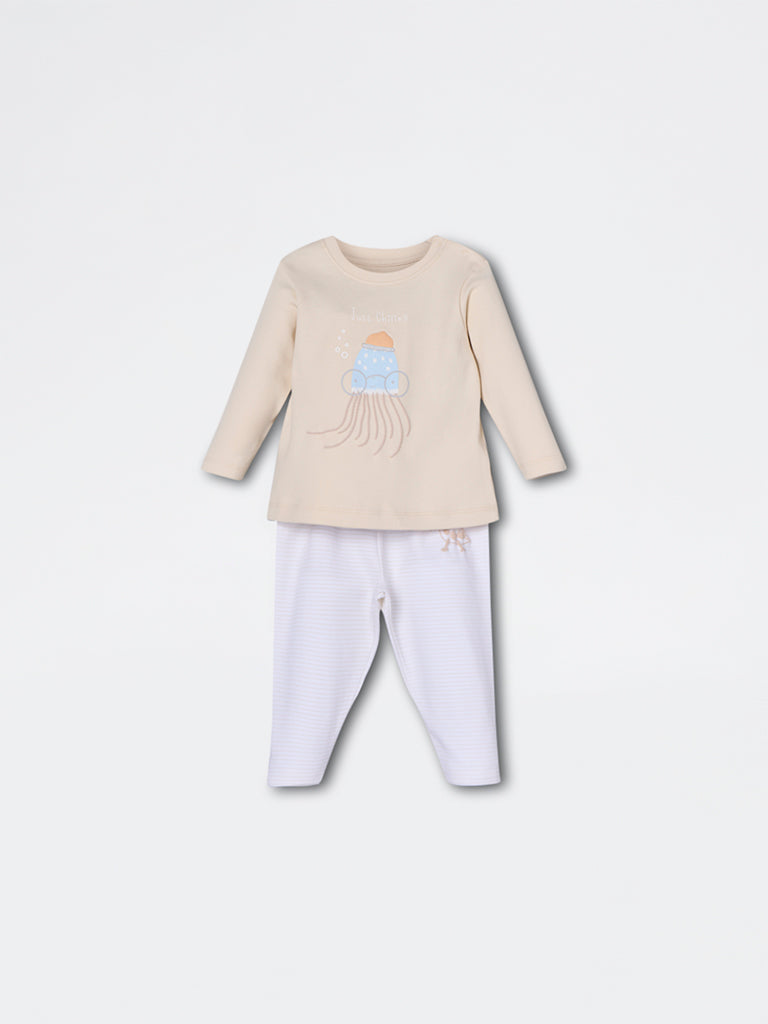 HOP Baby Boys Beige Animal Design Cotton Co-ord Set - Exclusive