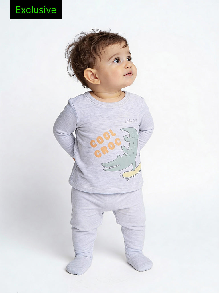 HOP Baby Boys Grey Animal Pattern Cotton Co-ord Set - Exclusive