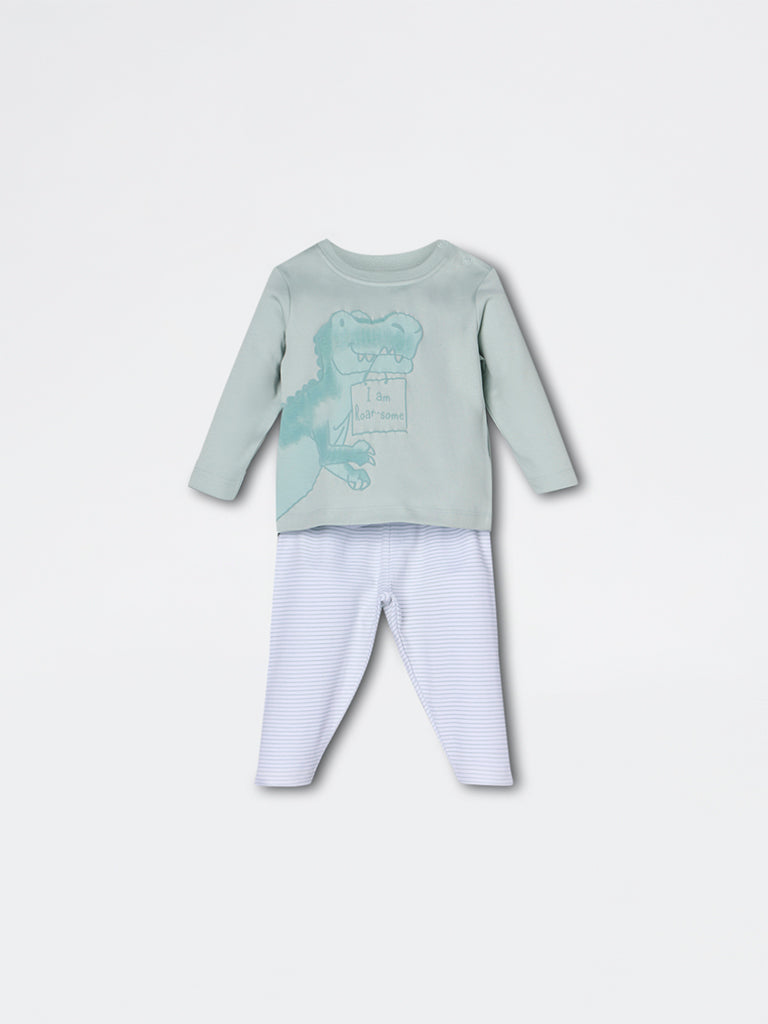 HOP Baby Boys Sage Dinosaur Pattern Cotton Co-ord Set - Exclusive
