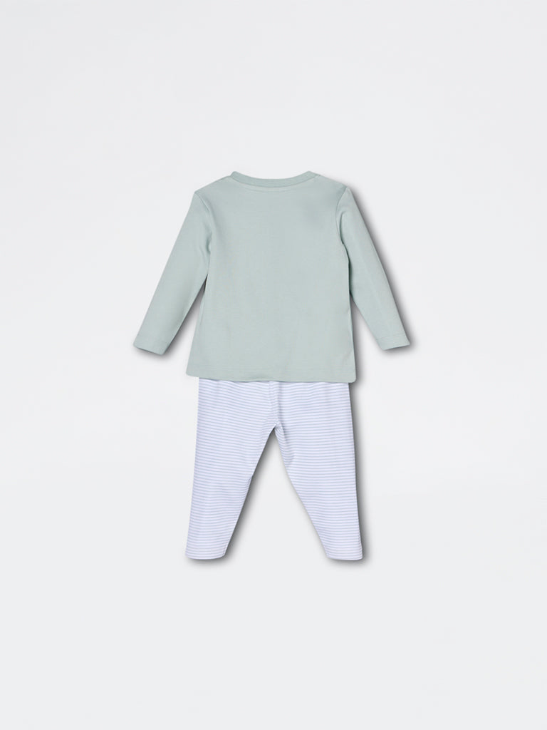 HOP Baby Boys Sage Dinosaur Pattern Cotton Co-ord Set - Exclusive