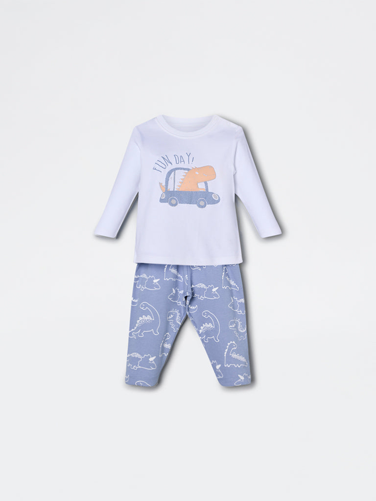 HOP Baby Boys White Animal Design Cotton T-Shirt and Pants Set - Exclusive