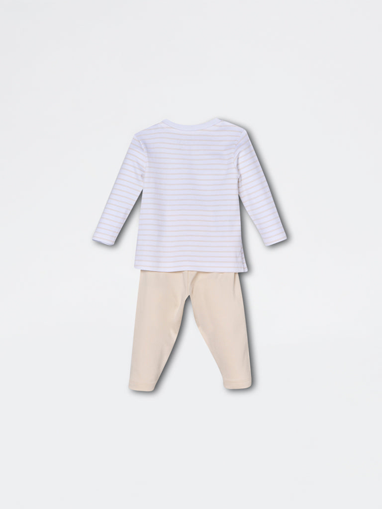 HOP Baby Boys Beige Animal Design Cotton T-Shirt and Pants Set - Exclusive