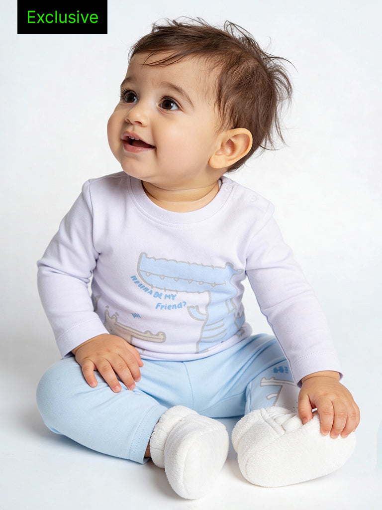HOP Baby Boys Blue Animal Pattern Cotton Co-ord Set - Exclusive