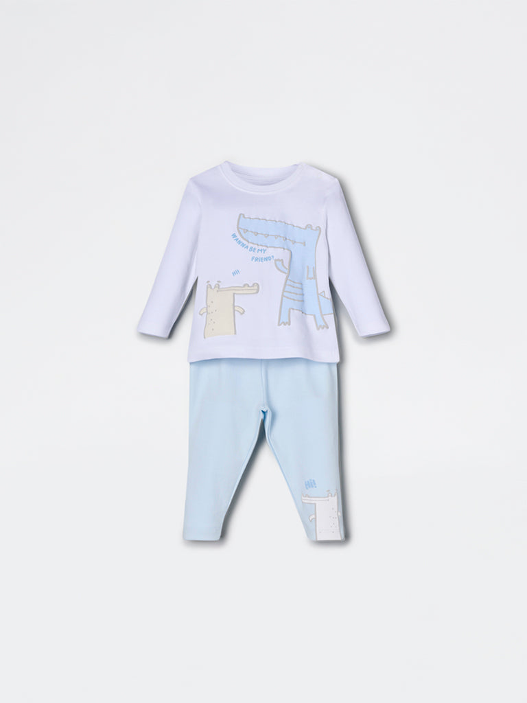HOP Baby Boys Blue Animal Pattern Cotton Co-ord Set - Exclusive