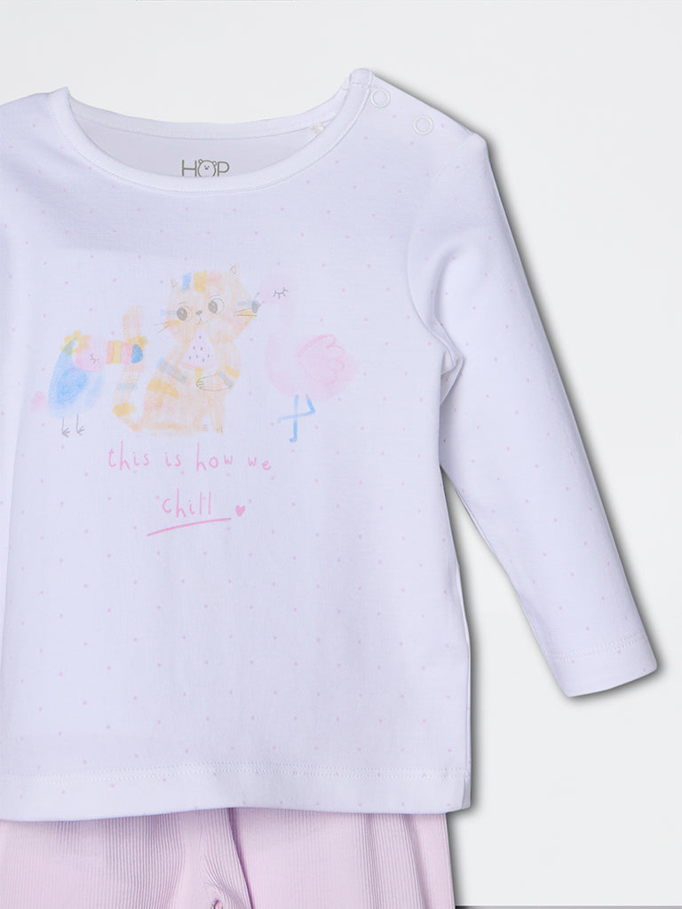 HOP Baby Girls Lilac Printed Cotton-Blend T-Shirt and Pants Set - Exclusive