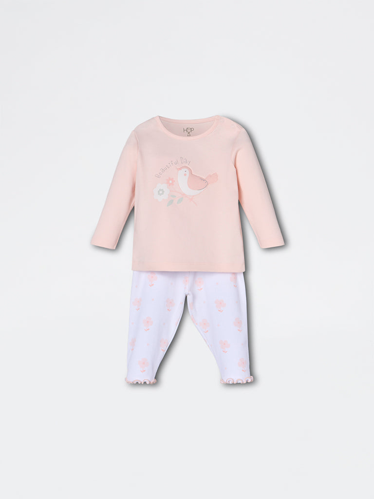 HOP Baby Girls Coral Printed Cotton-Blend T-Shirt and Pants Set - Exclusive